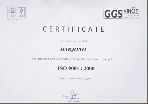 Sertifikat training ISO 9001:2000 atas nama Harjono