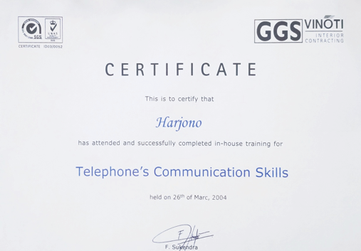 Sertifikat training Telephone Communication Skills atas nama Harjono