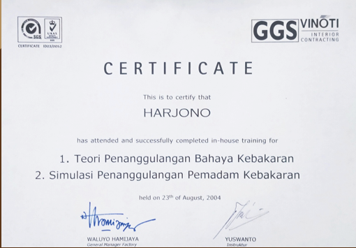 Sertifikat training penanggulangan bahaya kebakaran atas nama Harjono