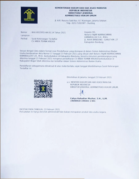 Scan dokumen SK Kemenkumham CV. Anda Tehnik Kreasi